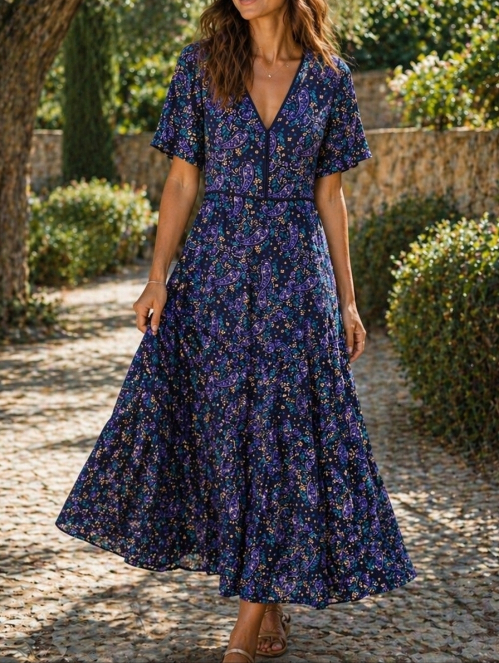 NWT Grace & Mila Navy Purple Paisley Boho Maxi Dress V-Neck Tiered 100% Viscose